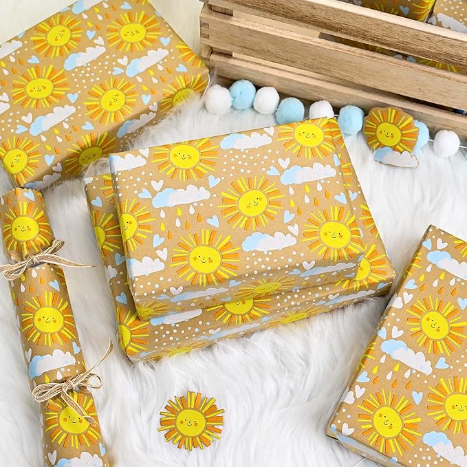MAYPLUSS Kraft Baby Shower Wrapping Paper, Recyclable Sunshine, Cloud & Heart Design Baby Gift Wrap Paper for Children Birthday, Party, Holiday, Cute Wrapping Paper Mini Roll (17 Inch X 16.5 Feet)