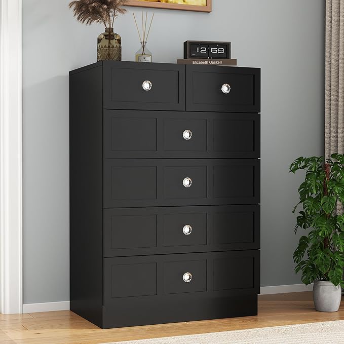 6 Drawer Dresser for Bedroom: 24" Fluted Black Dresser Deep Drawers, Modern Chest of Drawers for Bedroom, Fluted Wood Dressers for Living Room, Hallway (Black, 24")