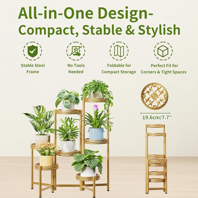 7 Tiered Metal Corner Plant Stand Indoor Outdoor, Tall Large Folding Rack with Rust Proof 10 Inch Wide Tray, Heavy Duty Flower Shelf for Multiple Plants for Patio - GoldWave