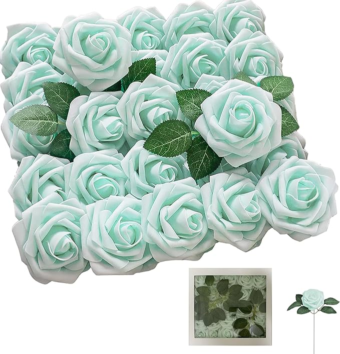 Light Green Artificial Roses 25pcs, Real Looking Fake Foam Flowers with Stems for DIY Wedding Bouquets, Baby Shower, Centerpieces, Spring Party, Home Decor