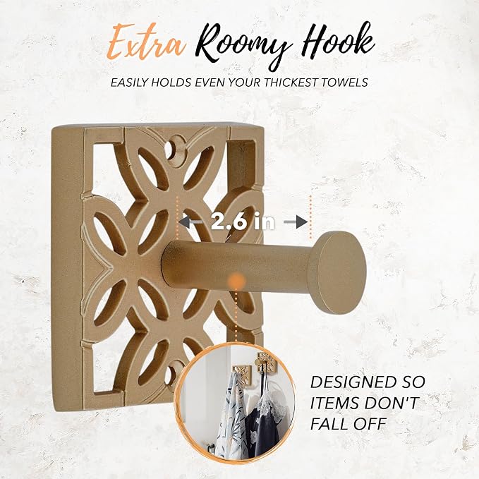 Autumn Alley Antique Gold Hooks, Bathroom Towel Hook, Robe Hook Wall Mounted - Decorative Wall Hooks for Towel, Robe, Coat and Door for Bathroom Modern Unique Style, 2 Pack