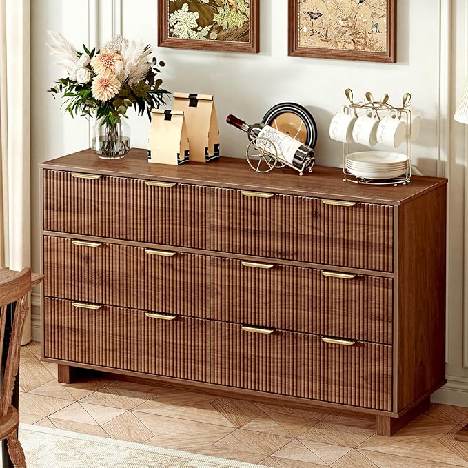 54.72" Modern Chest of Drawer, 6 Deep Drawers,Clothes Organizer,Large Storage Cabinet for Living Room, Bedroom,Dresser TV Stand, Wood Drawer Organizer for Living Room, Hallway, Sepia