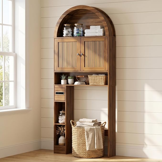 Arched Over The Toilet Storage Cabinet with Fluted Doors, Above Toilet Bathroom Organizer, 4 Tier Bathroom Cabinet Shelves with Toilet Paper Holder, Mid Century Modern Storage Rack, Tall, Wide, Walnut