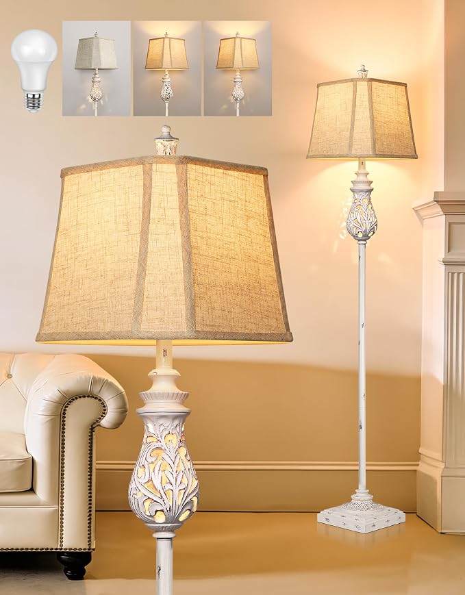 64'' Vintage Floor Lamp with Nightlight, Rustic Farmhouse Tall Standing Lamp with Rotary Switch and Beige Linen Shade for Living Room, Corner, Bedroom, House Decor, Cream White (Bulb Included)