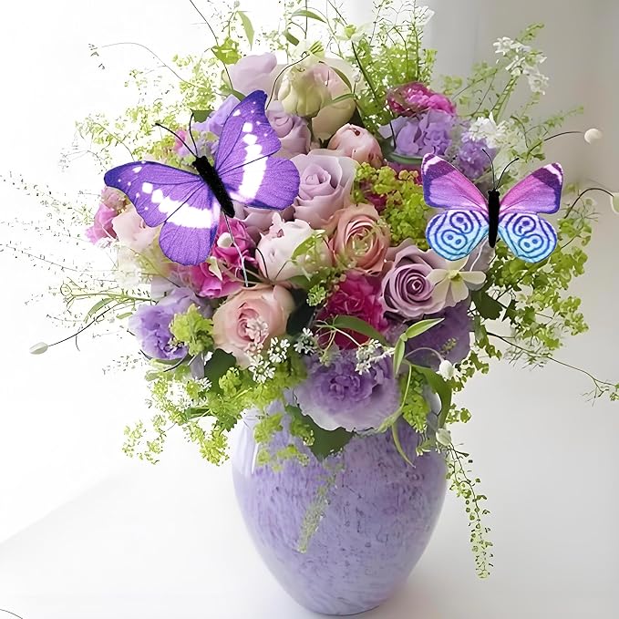 12 PCS Artificial Fabric Butterflies, 2 Sizes Reusable Butterly Crafts Decor, DIY 3D Butterfly Decorations for Fake Flowers Floral Nursery Wedding Tea Party Birthday Easter Spring. (Purple01 Medium)