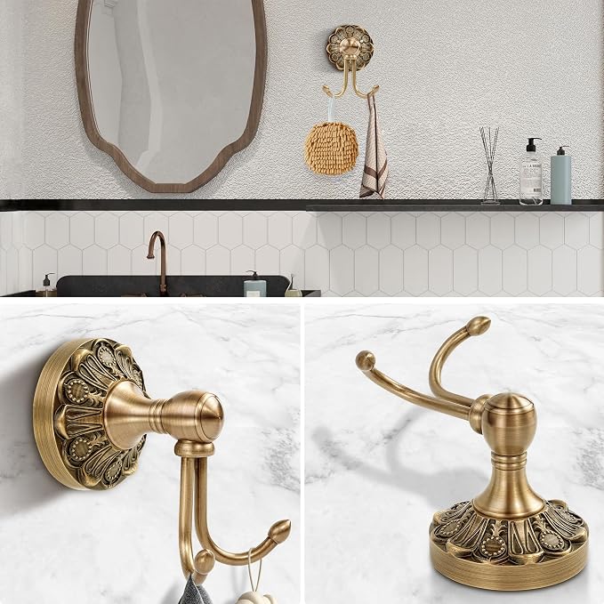 Antiuqe Brass Towel Hook, Brass Bathroom Robe Hook, Rustic Double Towel Hooks Bath Farmhouse Coat Clothes Hook Wall Mounted for Bathroom Kitchen Storage Vintage