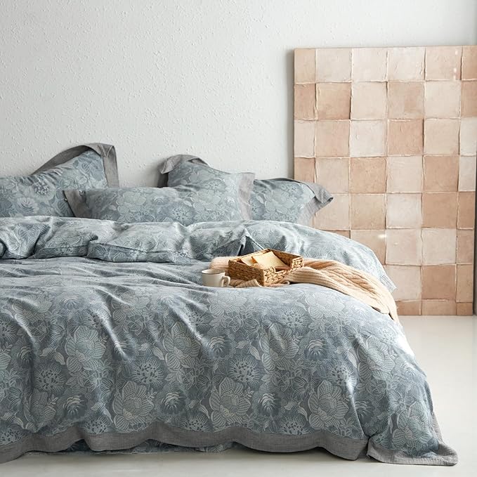 Vintage Grey Duvet Cover Queen 3 Pieces Exquisite Jacquard Flower Bedding Set Queen Yarn-Dyed Cotton Linen Duvet Cover Chic Flower Botanical Comforter Cover Farmhouse Bedding Set Breathable Soft