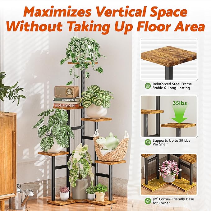 5 Tier Corner Plant Stand Indoor Wood, Metal Plant Shelf Outdoor, Tall Plant Stands Plant Tables Indoor Plant Rack Tiered Plant Stand Garden Accessories for Balcony Patio -BlackSquare