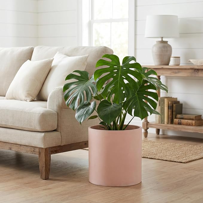 FaithLand 14 Inch Fiberstone Planter - Lightweight Modern Cylinder Plant Pot with Drainage Hole & Plug, Indoor Outdoor Use, Terracotta Color