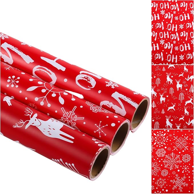Miss DuiDui Christmas Red Gift Wrapping Paper, 3 Rolls, 17 inch x 9.8 feet, Red with White Reindeer and Snowflake Design for Christmas, Party, Holiday, Girls Kids Boys
