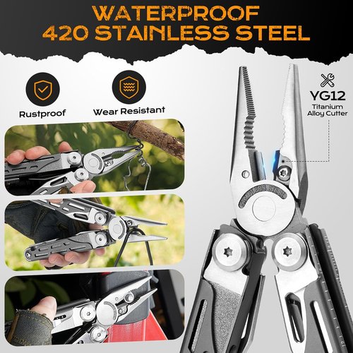 BIBURY 22-in-1 Stainless Steel Multitool - Foldable EDC Pocket Knife with Scissors & Sheath for Outdoor Survival