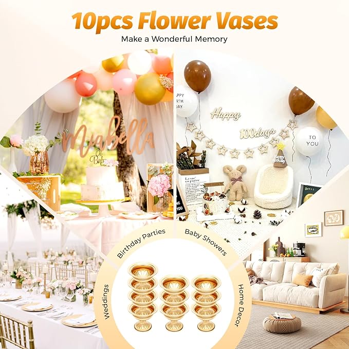 Gold Vases for Centerpieces & Table Centerpiece Decor, 10 Pcs Mini Metal Floral Vase Set with 4.72 Inch Height, Wedding Birthday Party Anniversary DecoRodentive Centerpiece Arrangements