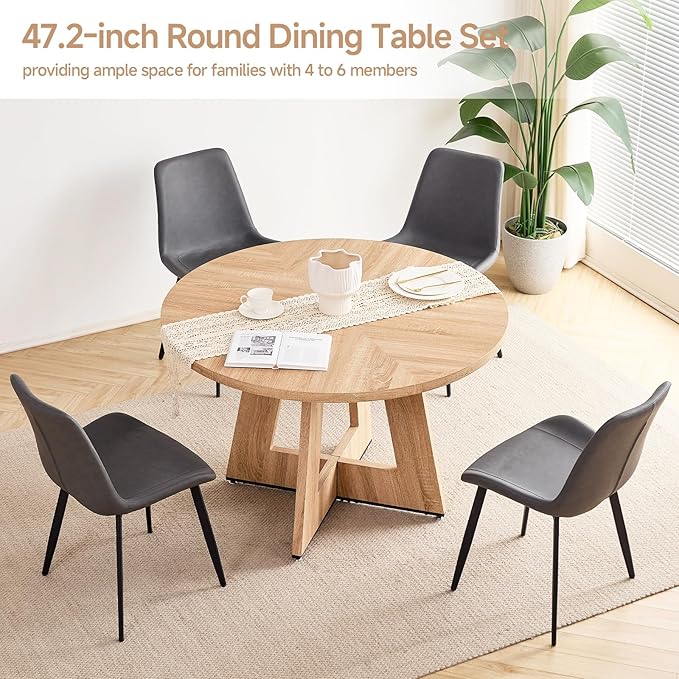 47 inch Round Dining Table Set for 4 with Chairs Kitchen Table and Chairs Set Mid-Century Modern Round Wood Kitchen Tables with Upholstered Synthetic Leather Chairs Set of 4
