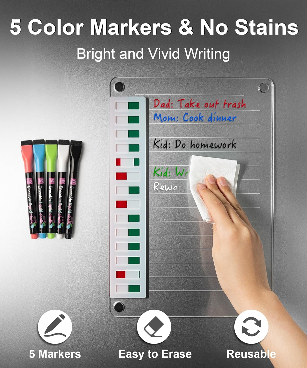 Skiennix Magnetic Acrylic Dry Erase Board - Reusable Fridge To-Do List | 12" x 10" Clear Chore Chart with 5 Markers