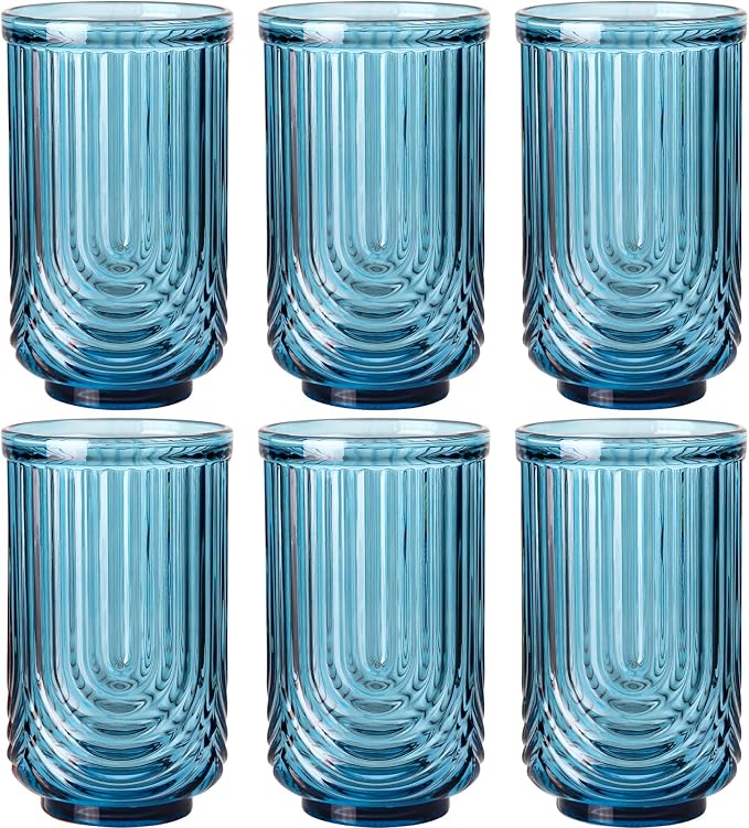 JOVGANK Blue Vintage Glassware Set of 6-17Oz Blue Water Drinking Glass, Art Deco Ripple Highball Glass, Whiskey Cocktail Glasses, for Bar Ice Coffee Juice, Housewarming Gifts and Mother's Day Gift