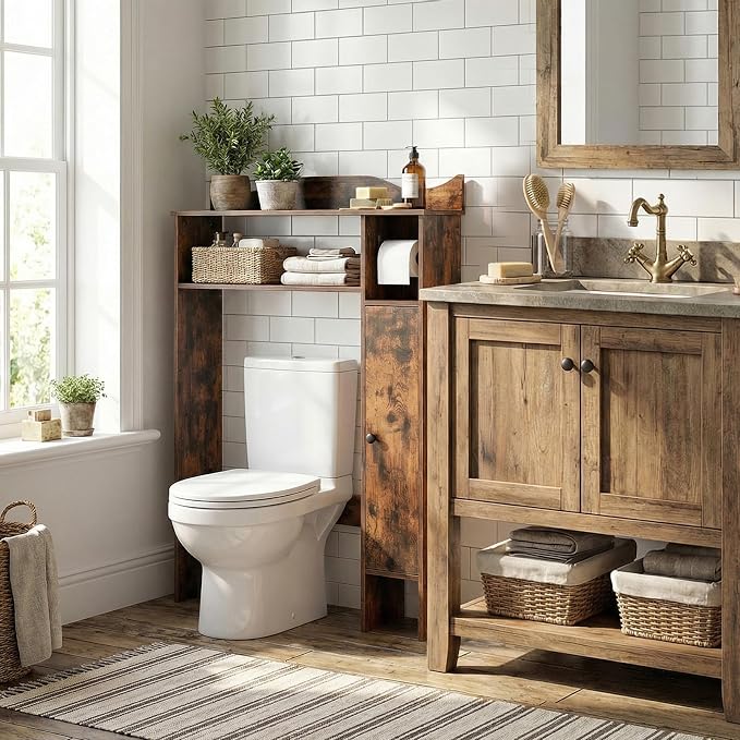 Tangkula Over the Toilet Storage Cabinet, Bathroom Organizer with Toilet Paper Holder, Adjustable Shelves, Freestanding Behind Toilet Stand, Perfect for Bathroom, Laundry (Modern, Rustic Brown)