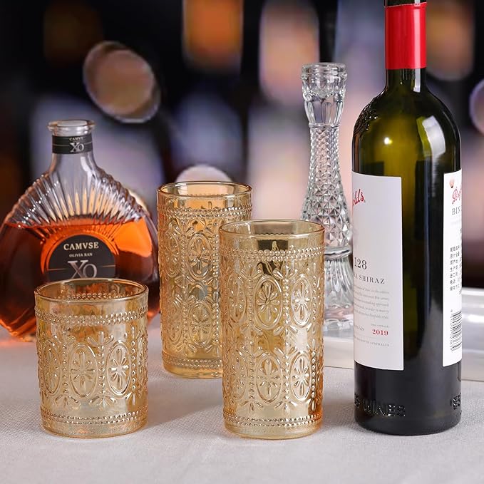 abrwyy Amber Glassware set of 4 Vintage Drinking Glasses, 12oz Amber Heavy Duty Glass Cups, Old Fashioned Glass, Highball Glasses Set for Party Wedding Home Office Glassesware Gift