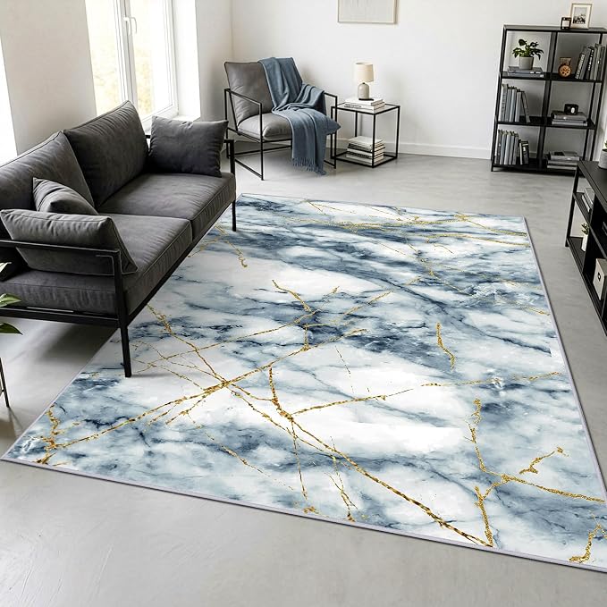 Merelax 5x8 Abstract Rug for Livingroom Bedroom - Washable Non-Slip Modern Area Rug, Indoor Floor Carpet Low Pile Soft Rug for Dining Room, Mudroom, Aesthetic Geometric Decor, Blue/Gold