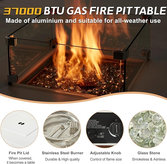 22" Aluminum Propane Fire Pit Table, 37,000 BTU Outdoor Gas Firepit with Lid, Glass Wind Guard, Waterproof Cover & Glass Stones for Patio Deck Garden, 3-in-1 Tabletop Design, Brown