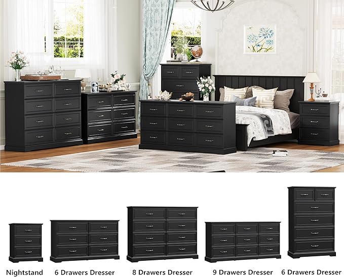 7 Drawer Dresser for Bedroom, 57" Wide Wooden Chest of Drawers, Rustic Farmhouse Dresser with Large Drawers & Metal Handles, Modern Storage Organizer for Closet, Living Room, Hallway, Black