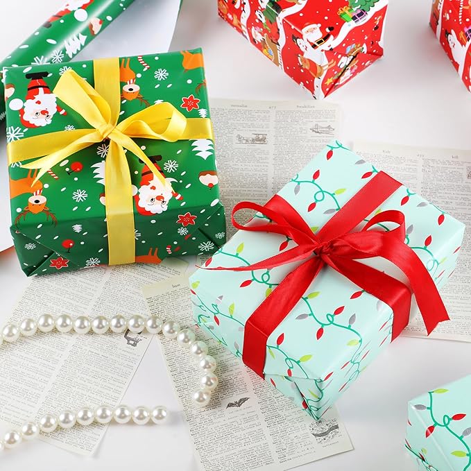 Miss DuiDui Green Red Christmas Wrapping Paper, 3 Rolls, 17 inch x 9.8 ft, Holiday Santa and Reindeer Design for Girls Kids Boys, Christmas, Party, Holiday