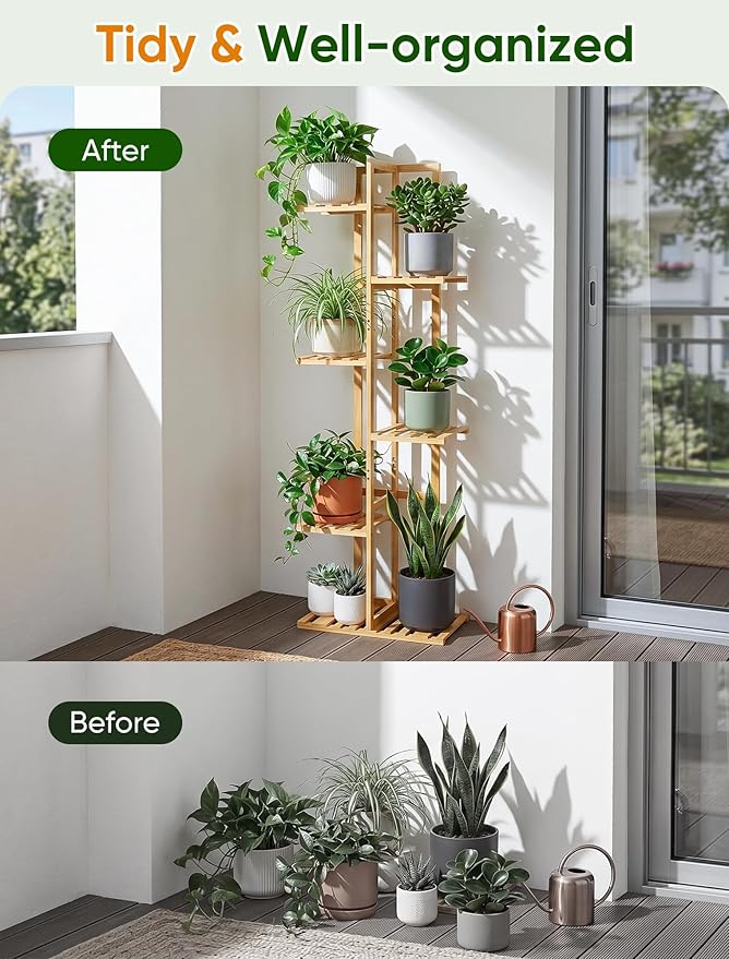 ROSSNY 48 Inch Talll Plant Stand Indoor, 6 Tier 7 Potted Bamboo Plant Stands for Indoor Plants, Corner Plant Stand, Plant Shelf For Indoor, Tiered Plant Stands, Indoor Plant Holder, Natural