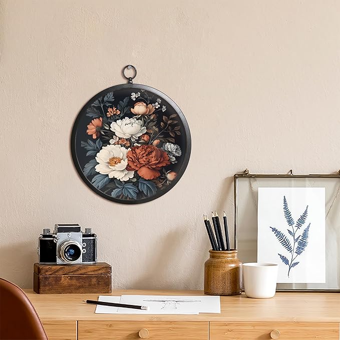 XIAOAIKA Vintage Wall Art with Metal Frame, Round Wood Print Featuring White and Red Peonies, Floral Wall Hanging, Boho Wall Decor for Living Room, Bedroom, Kitchen, Hallway, 10 Inch