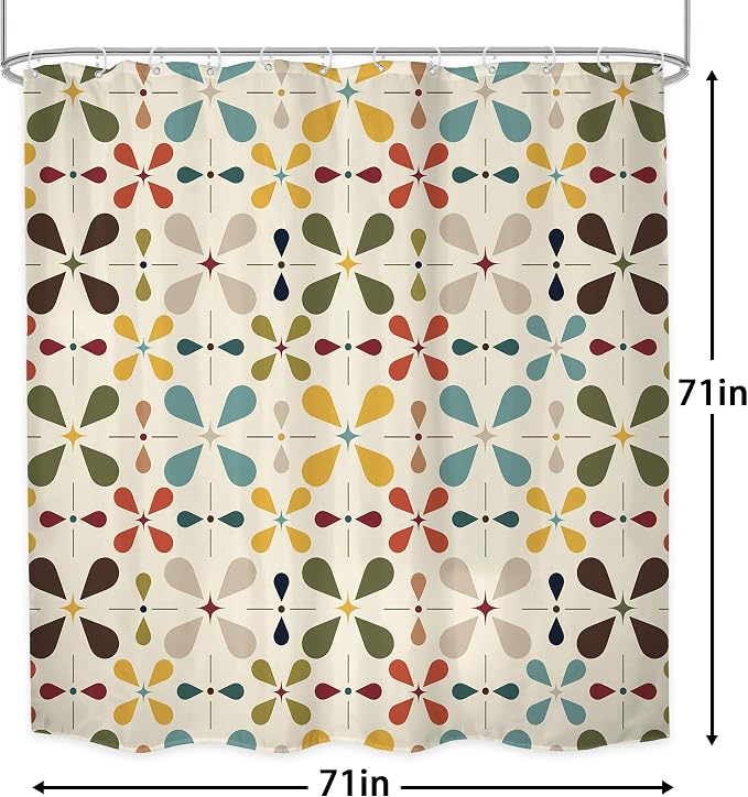 Boho Mid Century Shower Curtain Bathroom Set 71Wx71H Inches Modern Abstract Bohemian Vintage Colourful Geometric Retro Bath Accessories Water Drop Art Home Decor Fabric 12 Pack Hooks