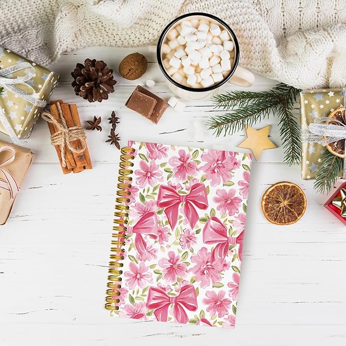 JKMBN Coquette Pink Bow Floral Spiral Notebook For Women, Maximalist Journaling Notebooks, Cute Pink Notebook Journal, Pink Office Supplies, Hardcover Spiral Lined Notebook 5.5 x 8.3