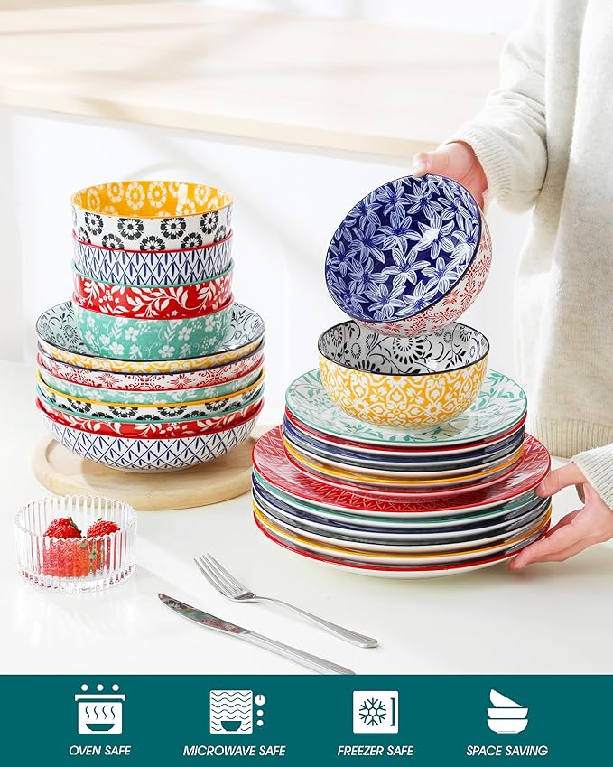vancasso SELENE Plates and Bowls Set for 6, 24 Pieces Dinnerware Sets, Mircowave and Dishwasher Safe Dishes Set, Porcelain Muted Dinnerware
