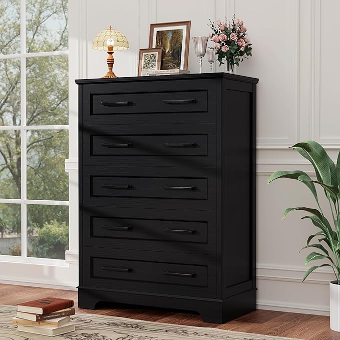 YESHOMY Tall Dresser for Bedroom,Farmhouse 5 Drawers Dresser, Chest of Drawer Chest, Multi-Tier Clothing Storage Cabinet, Black