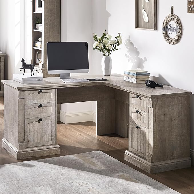 OKD 60" L Shaped Executive Desk with Drawers, Farmhouse Home Office Desk with Charging Station, File Cabinet Storage, Wood Corner Computer Desk for Work and Study, Light Rustic Oak