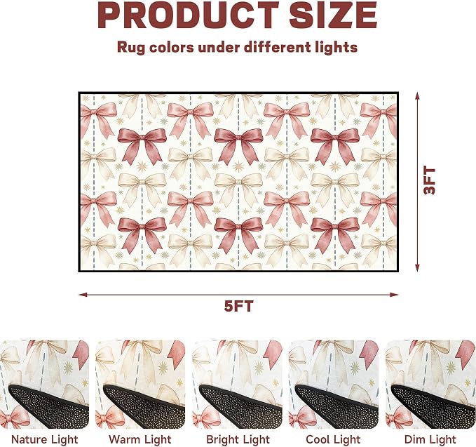 Pink Bowknot Area Rug 3'x5' Watercolor Coquette Aesthetic Non-Slip Washable Carpet for Entryway Bedroom Living Room Nursery Kitchen Playroom Home Decor Soft Low Pile Floor Mat