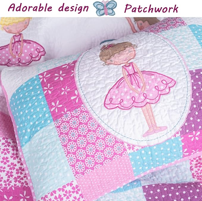 Cozy Line Home Fashions 7 Piece Twin Size 100% Cotton Pink Girl Reversible Bedding Quilt Set, Bedspread Coverlet for All Seasons (Ballerina Dance Princess, Twin - 7 Piece)