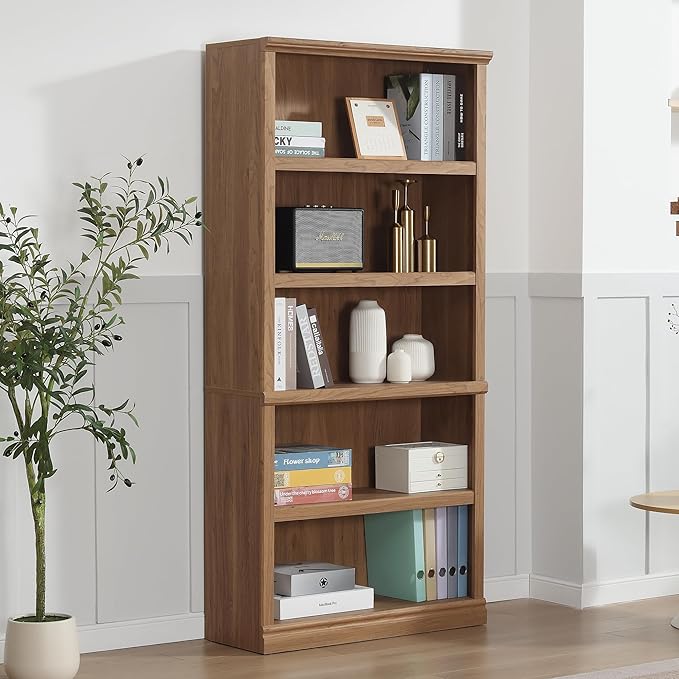 blini 5-Shelf Tall Bookcase Wooden Bookshelves 33in Wide Floor Standing Display Storage Book Shelves 70 in Oak Bookcase for Home Office, Living Room, Bed Room