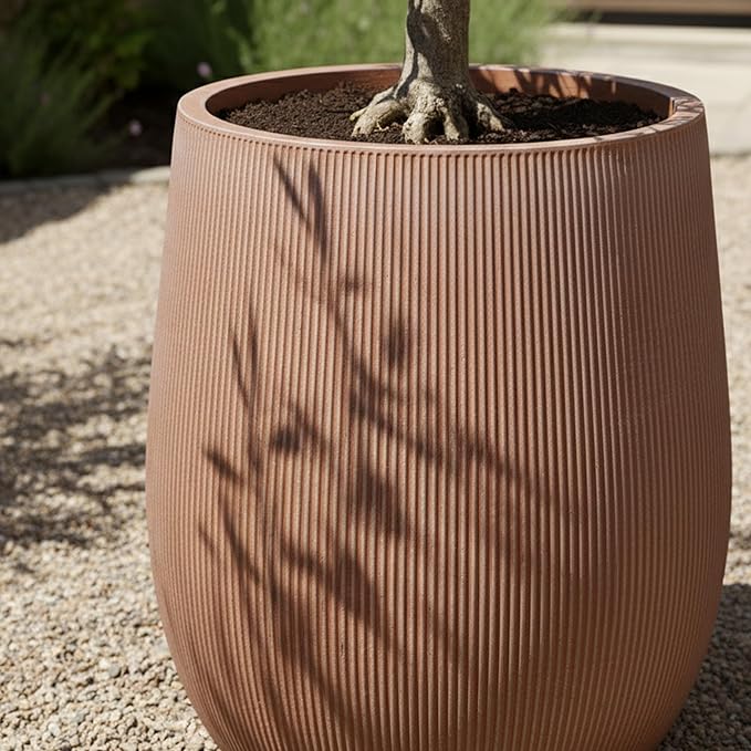 18.7" H Round Planter — Lightweight Magnesium Oxide Cement, Striped Textured Finish, Large Planter with Drainage Hole for Indoor & Outdoor