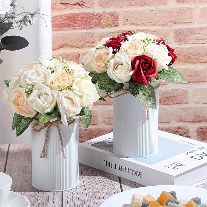 Domensi 5.91 in High Farmhouse Vase Decor Galvanized Metal Flower Vase with Twine Bow Vintage Rustic Tin Flower Buckets for Artificial Floral Table Container DIY(White,24 Pcs)
