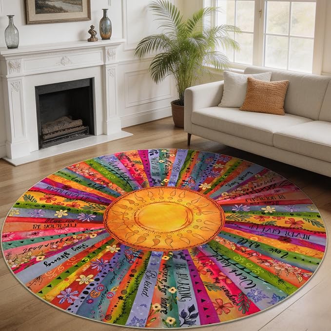 Likiyol Sun Round Rug 6Ft Non Slip Washable Round Area Rug for Living Room, Soft Faux Wool Inspirational Bedroom Rugs Colorful Rugs Low Profile for Dining Room, Kids Room Home Office Decor