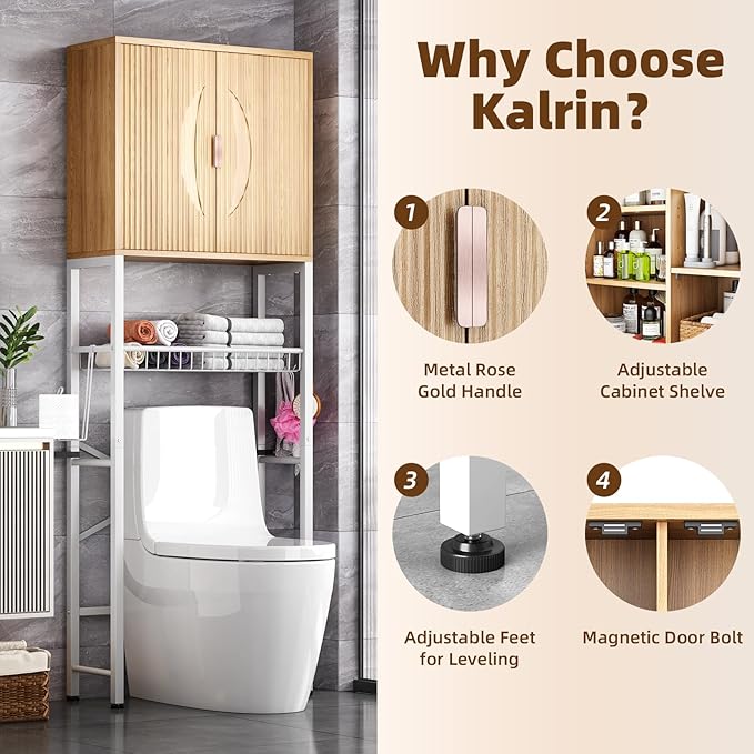 Kalrin Over The Toilet Storage Cabinet with Fluted Wave Doors and Adjustable Shelf, Wood Over Toilet Storage Rack with Drain Basket, Freestanding Bathroom Organizer for Balcony Laundry, Wood & White