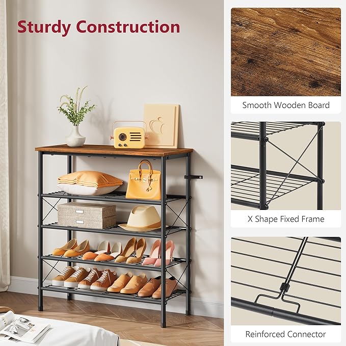 Tajsoon 5 Tier Shoe Rack Organizer for 16-20 Pairs of Shoes, Metal Mesh Shoe Shelf for Closet, Industrial Shoe Rack for Entryway Shoe Storage with X Shape Fixed Frame, Rustic Brown & Black