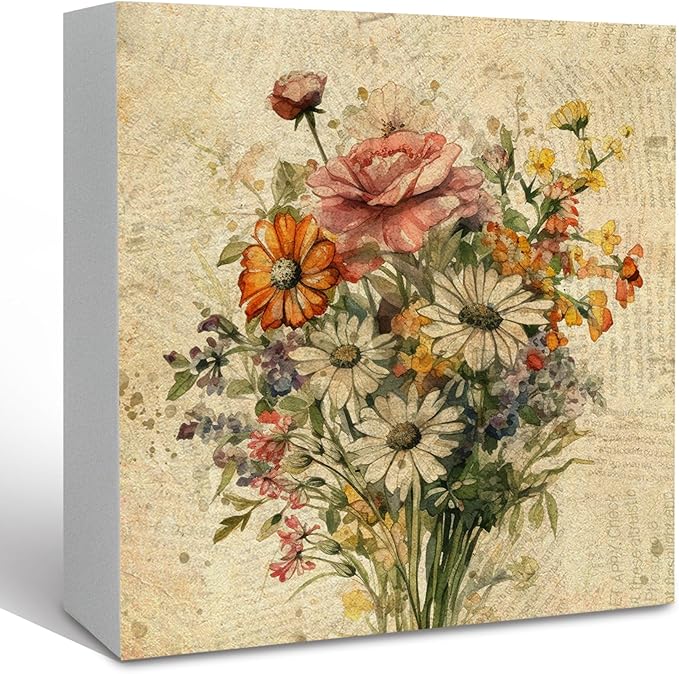 KFXHANGD Vintage Floral Wooden Box Sign Desk Decor, Floral Desk Decor, Wildflower Decorative Decor for Women Office Living Room Bedroom, Botanical Flowers Home Shelf Desk Decor 5x5 Inch