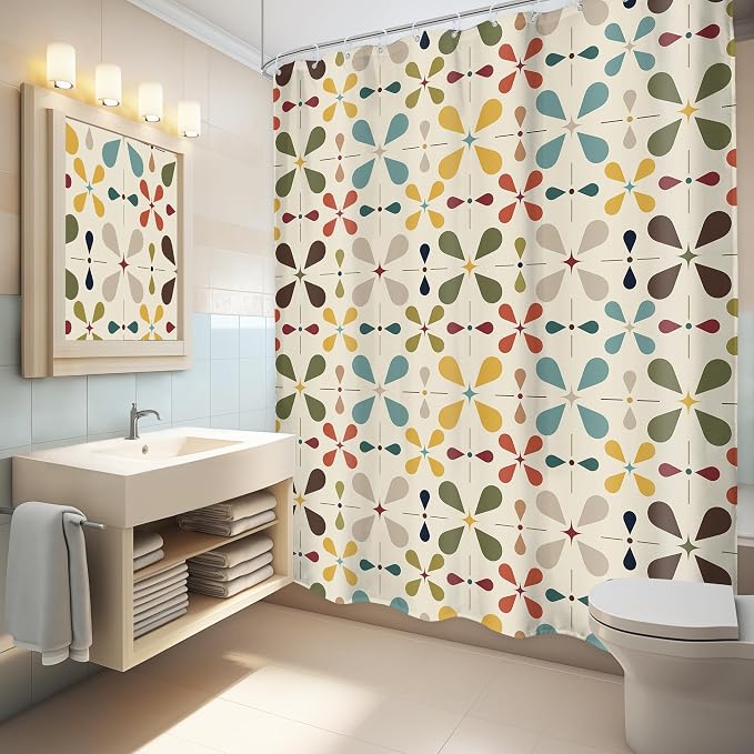 Boho Mid Century Shower Curtain Bathroom Set 71Wx78H Inches Modern Abstract Vintage Colourful Geometric Bohemian Retro Bath Accessories Water Drop Art Home Decor Fabric 12 Pack Hooks