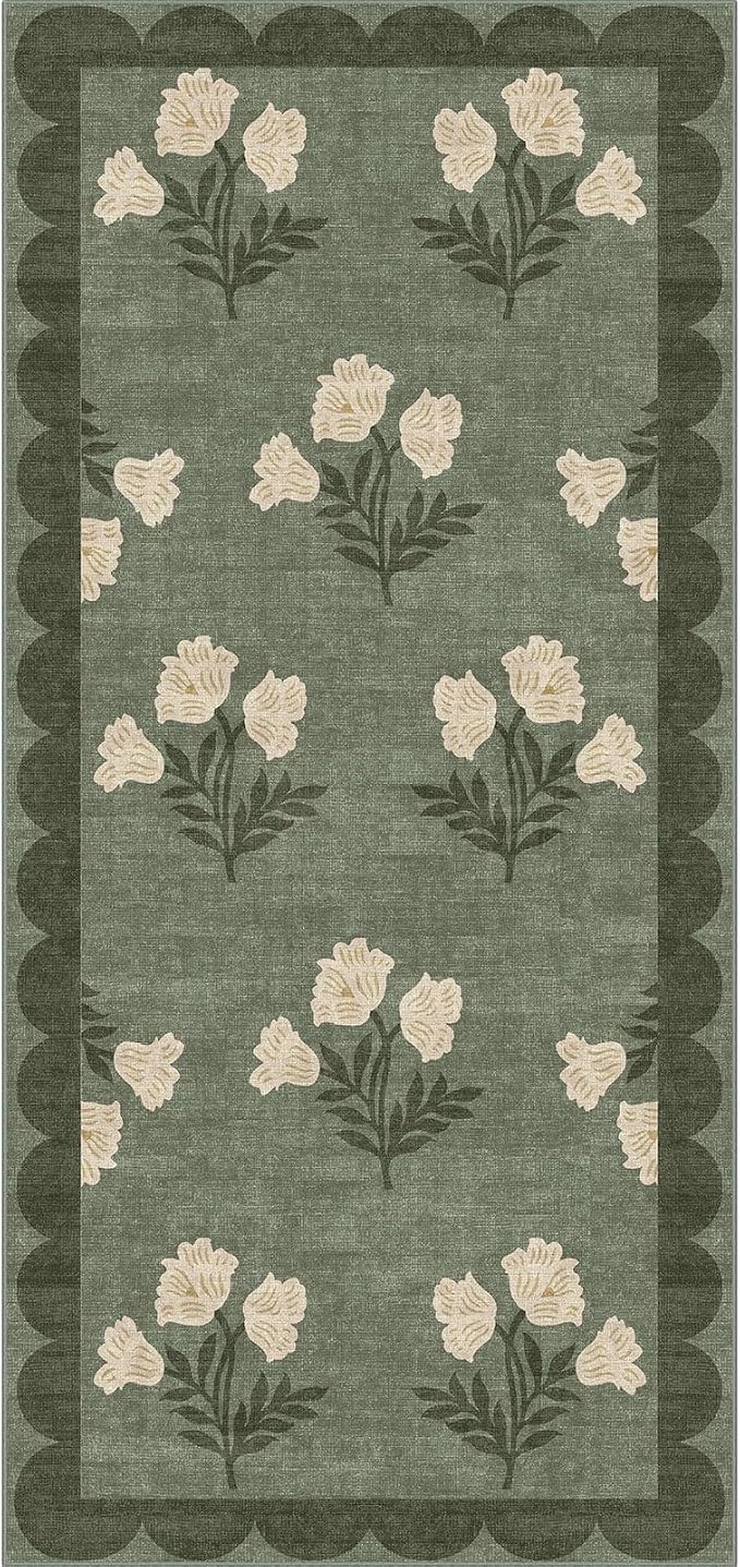 Front Door Mat Indoor Entrance - 2x4.3 Ft Floral Washable Layered Doormat Outdoor Entrance Porch Rug Non-Slip Sage Green Boho Runner Rug for Kitchen Hallway Bedroom Laundry Room Porch Decor