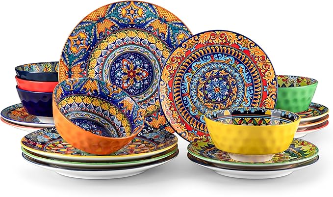 vancasso 18 Pieces Plates and Bowls Set, Bohemian Style Dinnerware Sets Service for 6, Porcelain Boho Dishes Set for Kitchen, Housewaring Gift, Dishwasher and Microwave Safe, Series KRVI