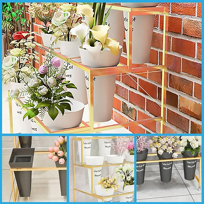 Flower Display Stand With 12PCS Buckets, 3 Layers Metal Plant Stand with Wheels, Heavy Duty Moving Plant Cart Shelf, for Indoor, Outdoor Patio Garden, Living Room, Florist (Black - Square Bucket)