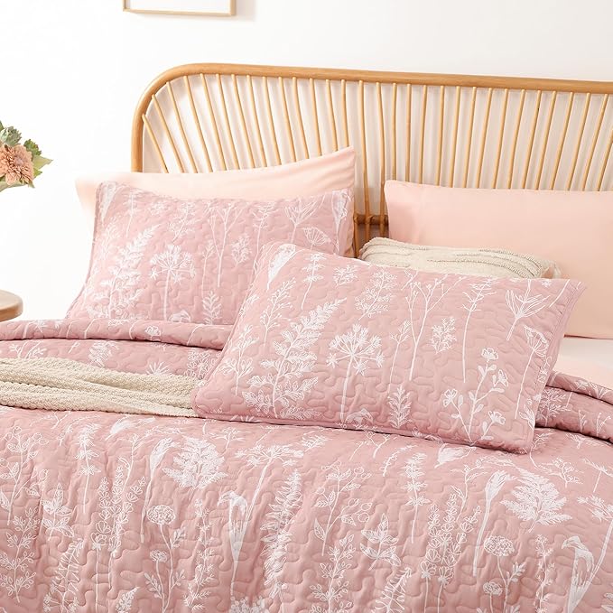 JANZAA Quilts Queen Size Pink Quilt Botanical with Floral Pattern Microfiber Bedspreads Queen Size 3 Pieces Lightweight Comforter Reversible Bedding Set with 2 Pillow Cases