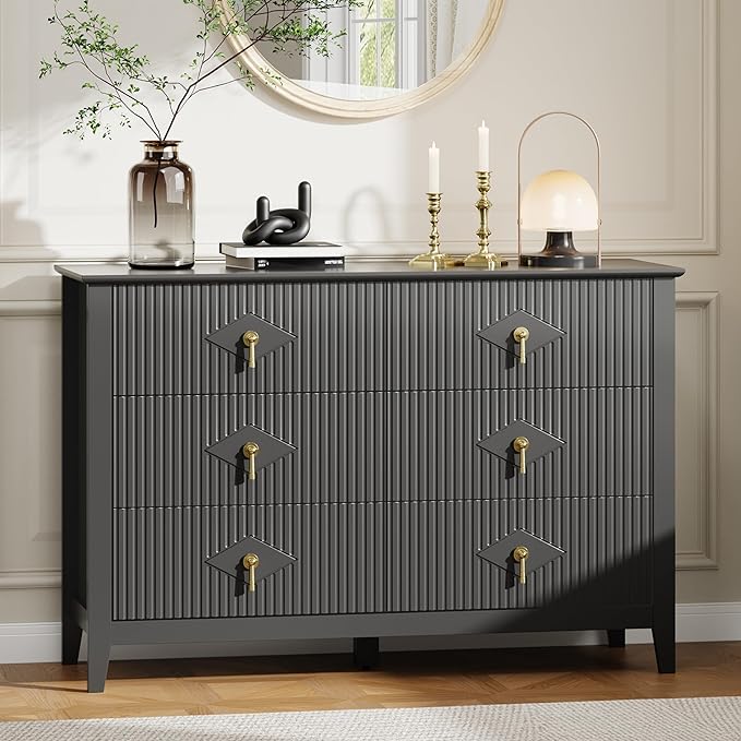 GarveeHome Fluted Dresser for Bedroom, 47.2 Inch Wide 6-Drawer Wood Dresser, Modern Chest of Drawers, Storage Organizer Cabinet for Living Room, Hallway, Entryway, Black