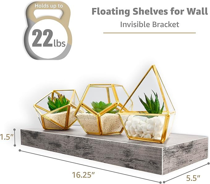 Sorbus Floating Shelves for Wall – 16 Inch Floating Shelf for Kitchen, Bedroom, Living Room, Bathroom, Home & Wall Decor - Mounted Bathroom Shelves with Invisible Brackets (Grey, 2 Pack)