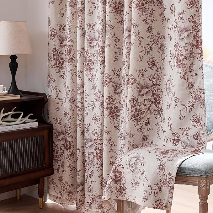jinchan Blackout Floral Curtains Linen Blend Curtain for Living Room 84 Inch Length Christmas Brick Red Flower Printed Drapes for Bedroom Rod Pocket Back Tab Farmhouse Curtains Set 2 Panels