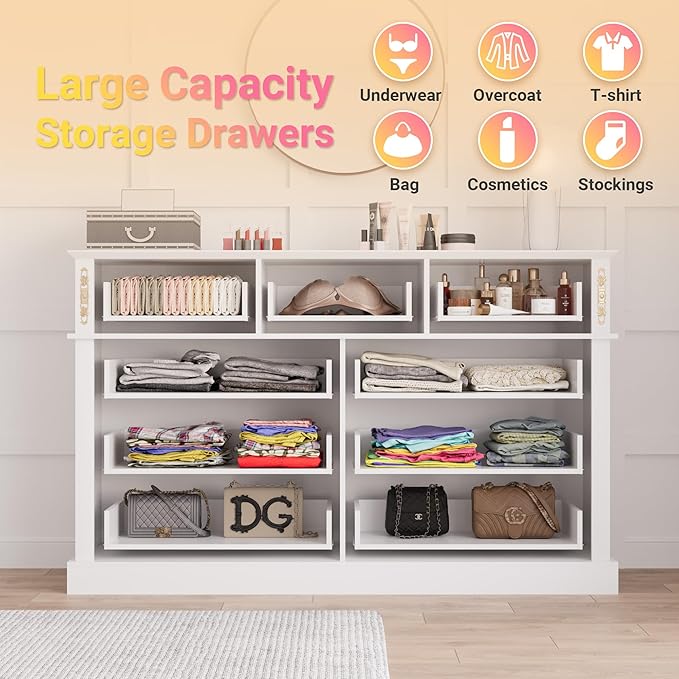 63Wx39H Large Dresser White,9 Drawers Dresser for Bedroom,Retro Chest of Drawers with Gold Knobs, Wooden Storage Dressers, Bedroom Storage Organizer for Closet, Living Room, Hallway